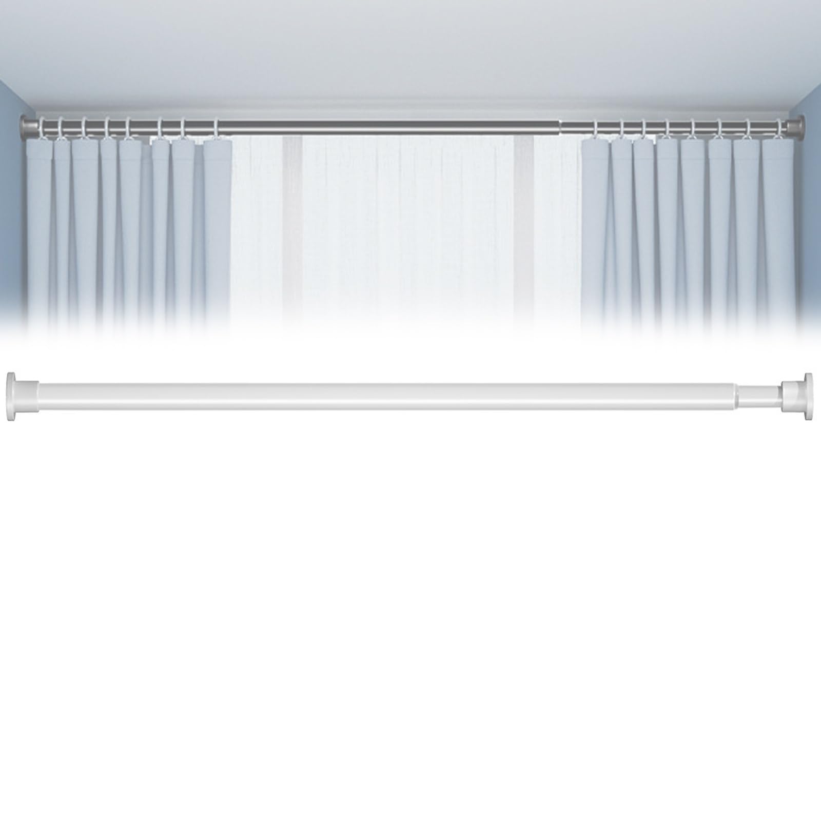 Tension Curtain Rod, Carbon Steel Waterproof Rustproof Non Bend, Adjustable 20" to 110" for Bathroom Window Door Wardrobe Kitchen(White,130-250cm/51-98in)