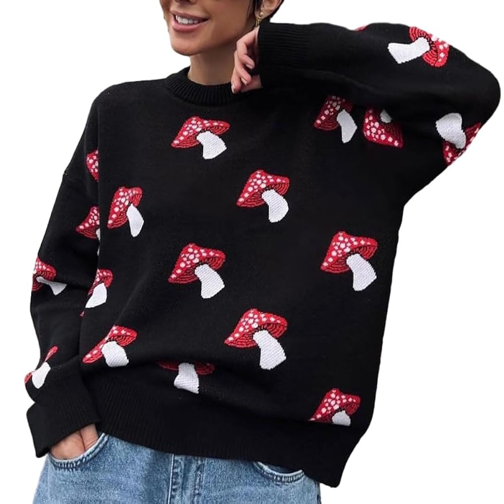 Chvity Women Mushroom Print Boyfriend Sweater Tops Retro