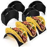 Baderke 48 Pcs Single Taco Holder Stand Black Plastic Tray Plates Mexico Taco Holder for Tuesday Night Carnival Backyard Party Supplies, Dishwasher Microwave Safe
