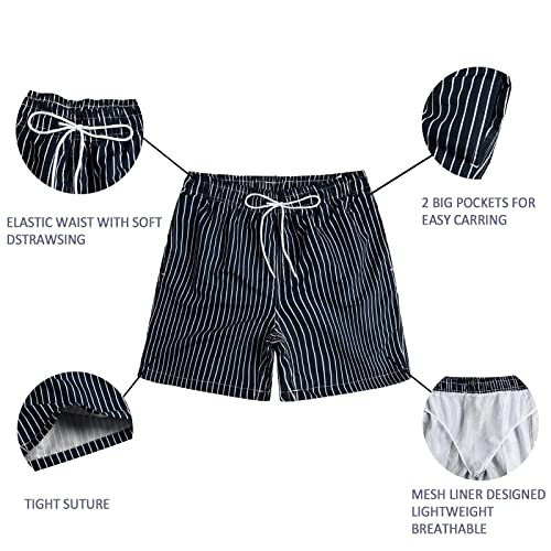 Dark Blue Men's Swim Trunks Quick Dry Stripes Beach Shorts 5 In Board Shorts With Mesh Lining,Dark Blue Vertical Stripes,Size S #TOP5