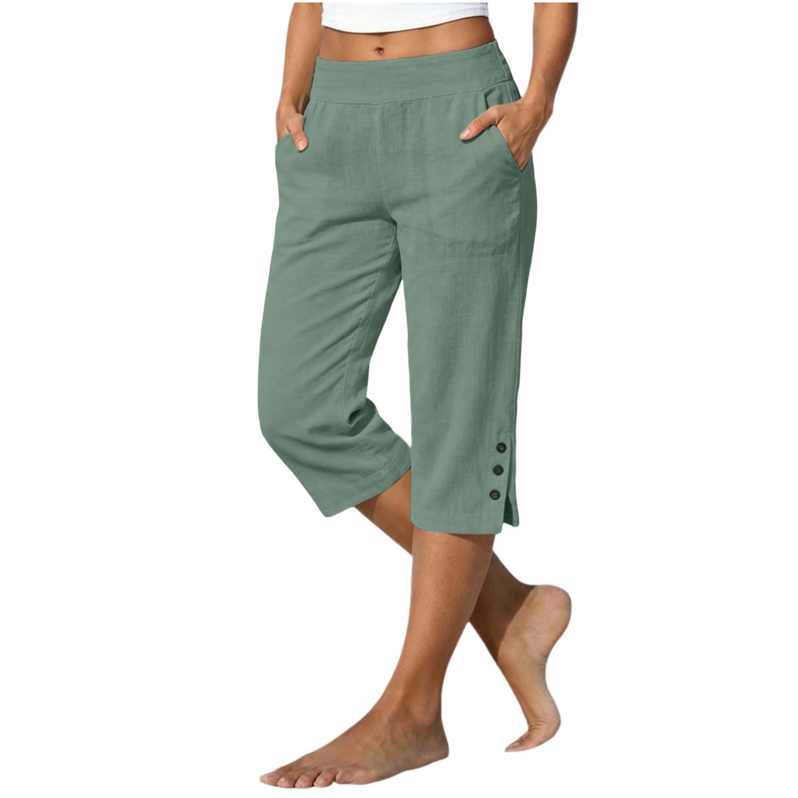 YBEBEWE Sommerhose Damen Leicht Leinenhose Damen Sommer 3/4 Musselin Kurze Hose Leicht Leinen Sommerhose Mit Taschen Causal Atmungsaktiv Caprihose Elastische Bequeme Stoffhose Freizeit Strandhose