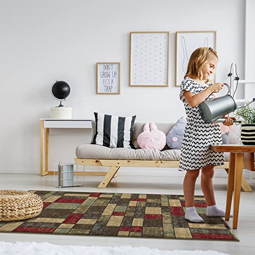 Machine Washable Boxes Design Non-Slip Rubberback 3X5 Traditional Area Rug For Living Room, Bedroom, Kitchen, 3'3" X 5', Multicolor #TOP4