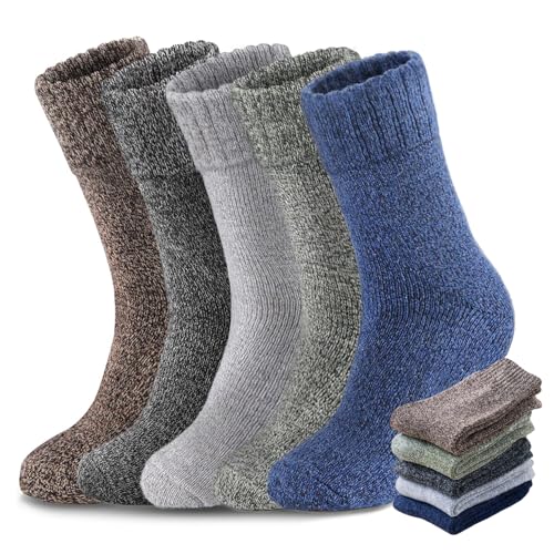 Goodern Mens Thermal Socks 5 Pairs Mens Winter Warm Thermal Socks Warm Winter Non Slip Breathable Moisture Wicking Hiking Socks Cotton Thick Soft Comfortable Crew Socks for Indoor Outdoor (Style A)
