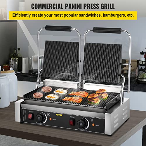 Happybuy 110V Commercial Sandwich Panini Press Grill 2X1800W Temperature Control 122°F-572°F Commercial Panini Grill For Hamburgers Steaks Bacons (Double Grooved Plates） #TOP2