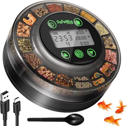 Papettly Futterautomat Aquarium, Automatischer Fischfutterautomat für Aquarium mit Timer, Futterautomat, Wiederaufladbare Fische Fischfutterspender mit USB-Kabel LCD-Anzeige Fisch