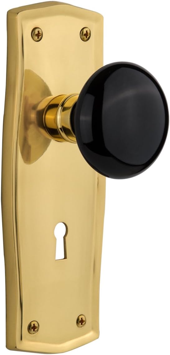Nostalgic Warehouse Prairie Plate with Keyhole Black Porcelain Knob, Mortise - 2.25", Antique Brass