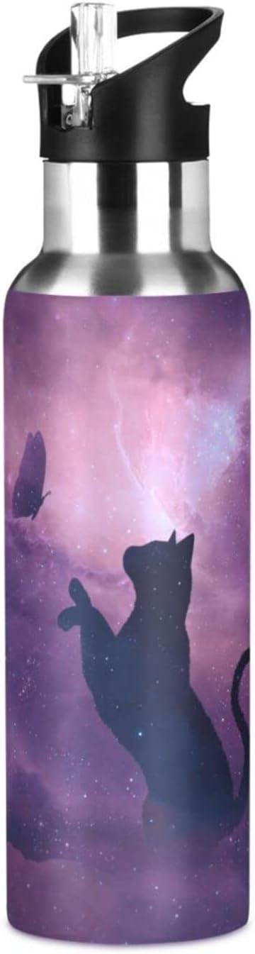 MFTJYO Cat Water Bottle for Kids Cat Stainless Steel Water Bottle with Straw Lid Cats Theme Purple Galaxy Flask Leakproof for Sport Gym Outdoor 20 oz