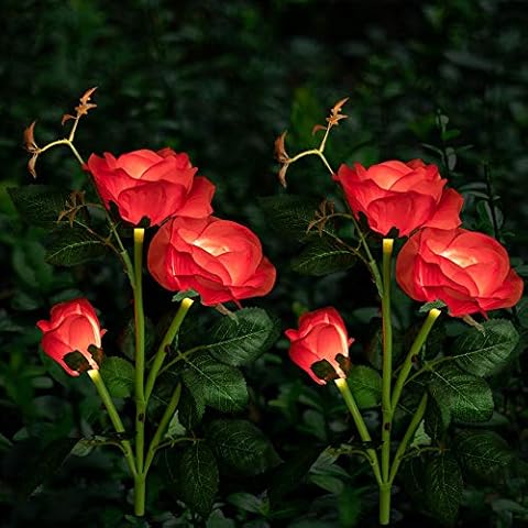 Solar Garden Lights Outdoor, 2 Pcs Garden Stake Lamps with 6 Rose Flowers Solar Rose Lights for Flower Bed, Patio, Yard Decoration (Red) Cover