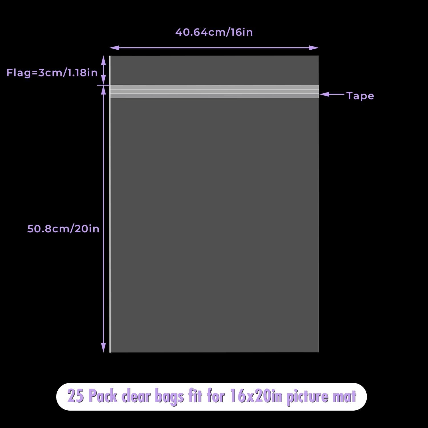 Frametory, 25 Pack 16 3/8"x20 1/8" Acid-Free Clear Plastic Bags, Self Seal Crystal Photo Sleeves for 16X20 Framing Mat Mattes, Art Prints, Clothes