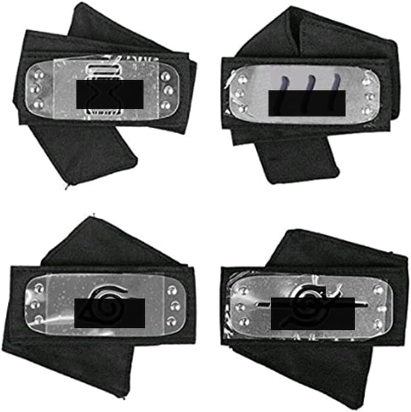 4 Pack Ninja Headband with Metal Plated Cosplay Leaf Village Sand Veil Akatsuki Yahiko (Black)