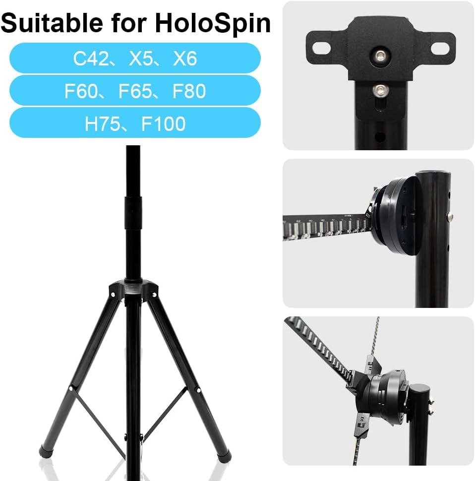 Diagram illustrating the compatibility of the stand with various HoloSpin 3D holographic fan models.
