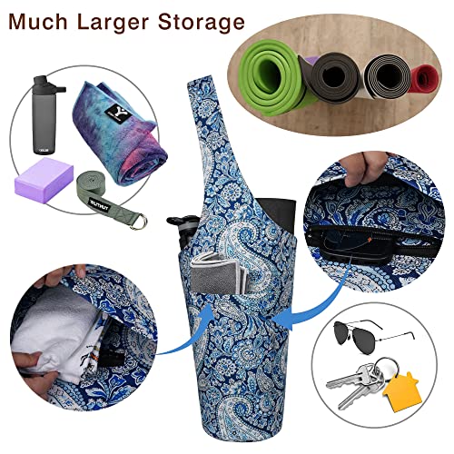 Yoga Mat Bag - Long Tote With Pockets - Holds More Yoga Accessories - Yoga Bag Fit Most Size Mats - Navy Paisley Yoga Mat Carrier #TOP4