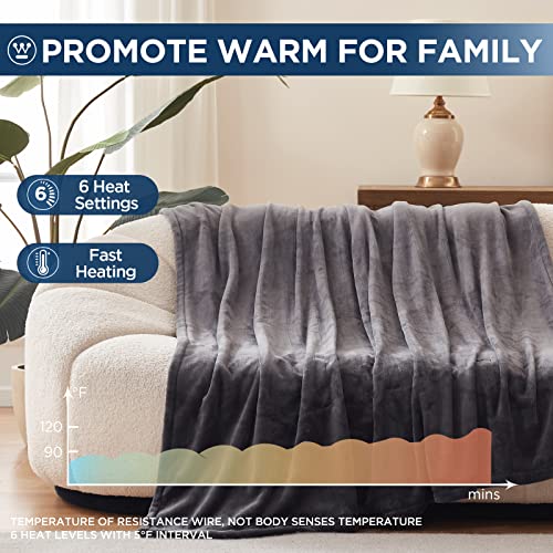 Westinghouse Electric Blanket Heated Throw, Super Cozy Soft Flannel 50" x 60" Heated Throw with 6 Fast Heating Levels & 2-10 Auto-Off, Machine Washable, ETL&FCC Certification, Home Office Use, Grey