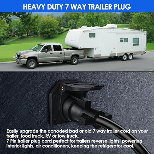 Image of 12 Ft 7 Pin Trailer Plug 10-14AWG 7 Way Trailer Plug Brass 7 Pin Trailer Wiring Harness Heavy Duty 7 Wire Trailer Wiring Harness Kit With Dust Cover 7 Way Trailer Wire for Rv Trailer Camper