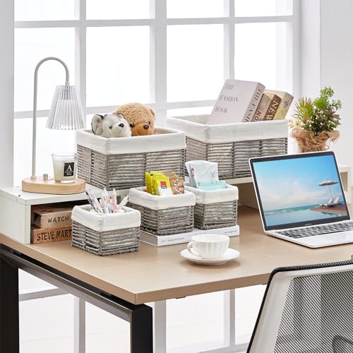 Vagusicc Wicker Storage Basket, Hand-Woven Paper Rope Wicker Baskets, Rectangular Small Wicke Baskets for Organizing, Cube Storage Bins for Closet/Clothes/Dresser, Grey, 5-Pack by Vagusicc - Used condition - Image 4