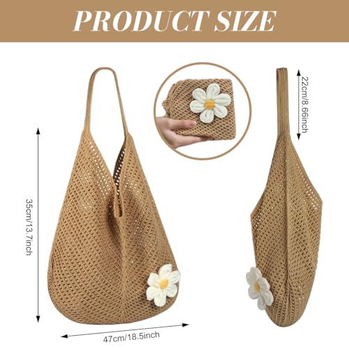 Image of PALAY Tote Bag for Woman Crochet Mesh Beach Shoulder Bags with Flower Brooch Summer Vacation Knitted Bag for Women Shoulder