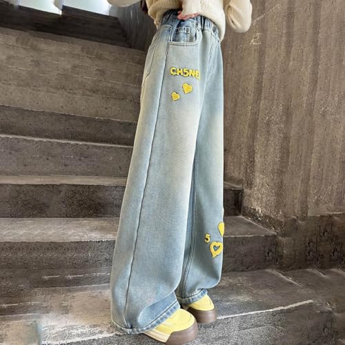 Girl's Bow Embroidered Baggy Jeans Elastic Wasit Wide Leg Denim Pant Casual Cute Y2K Streetwear Trouser with Pocket3
