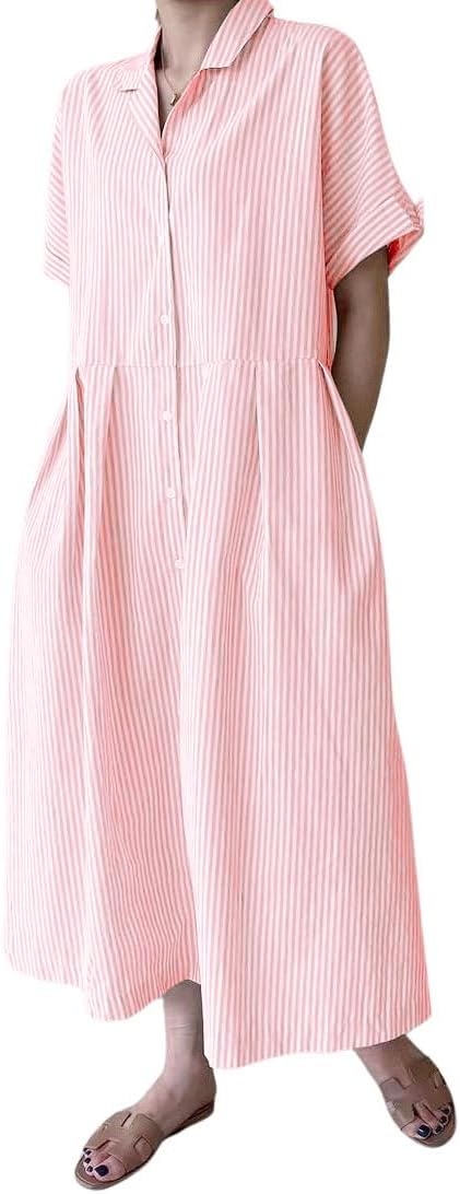 chouyatou Women's Cotton Striped Shirt Dress Button Up Short Sleeve Midi Long Shift Dress with Pockets