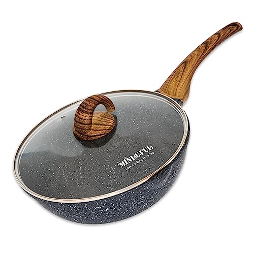 Minluful Deep Frying Pan with Lid, 11 Inch Nonstick Saute Pan Skillet Wok with Ceramic Coated and Wooden Handle, Black