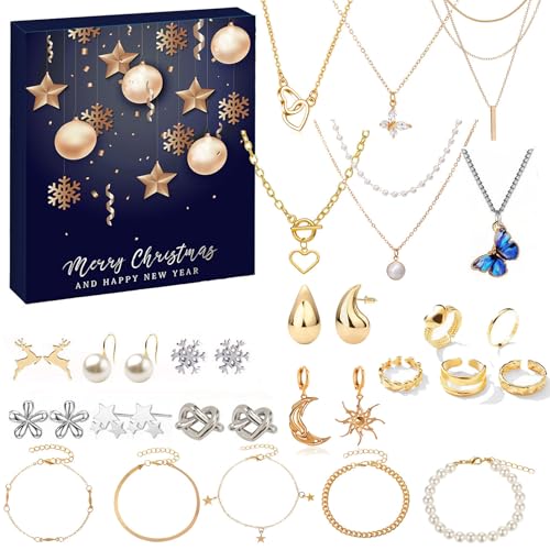 Calendario Adviento Mujer Niñas 24 Sorpresas Calendario Adviento Joyas 2025 Collar Pulsera Pendientes Anillo Plata Oro, Conjunto Joyas Regalos Navidad Originales Mujer Adolescentes Joyería Aleatoria 1 sets