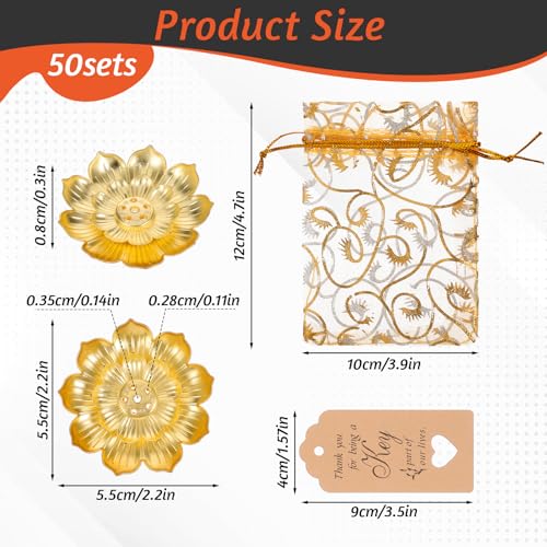 150 Pcs Diwali Gifts Bulk Gold Lotus Incense Sticks Holders Zinc Alloy Incense Holder Return Gifts for Pooja Navratri with Organza Bags and Thank You Cards for Pooja Indian Wedding Party Supplies