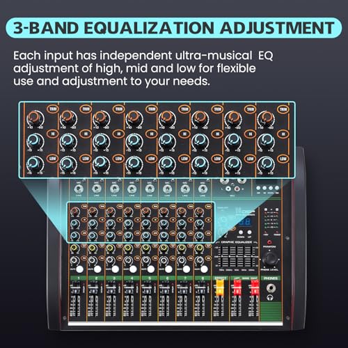 Image of Audio Mixer 8 Channel, Professional Music Sound Mixer Board with 48V Phantom Power, Digital DJ Mixing Console with Reverb USB Port Bluetooth for Recording Karaoke Podcasting