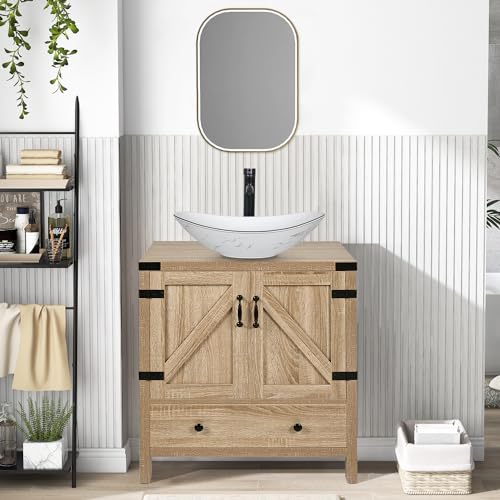 SOLIDEE 28 inch Natural Color Bathroom Vanity, Modern Fixture Standing Pedestal Cabinet with White Ceramic Boat Sink