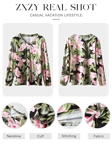 ZXZY Womens Hawaiian Shirt Vintage Leaf Floral Printed Tropical Tops V Neck Puff Long Sleeves Shirts2