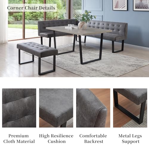 HIPIHOM 3 Piece Dining Table Set with Gray Bench, 42.9 Inch Modern Kitchen Table with Right Seat Corner Bench and 43.3 Inch Bench for Family Dining Room Furniture
