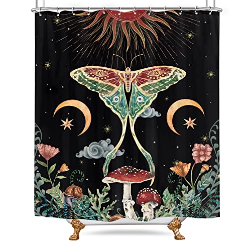 Omifly Moth Mushroom Shower Curtain For Women 60Wx72H Inch Witchy Shower Curtain Gothic Vintage Botanical Floral Sun Moon Bathroom Set Star Colorful Tarot Retro Flower 12 Plastic Hooks Bathroom Decor #TOP4
