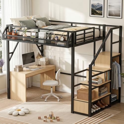 Loft Bed Queen Size with Stairs and Storage