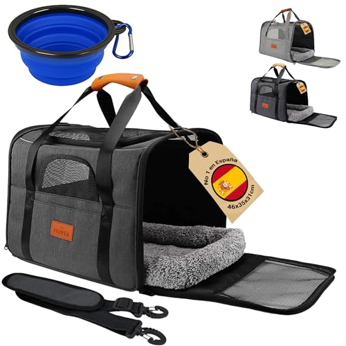 PEPPER® Transportin Perro Gato 46x35x31cm + Bebedero + Cojín Blando + Correa Ajustable Hombro | Transportadora Gato Portátil con Ventilación 360º | Bolsa Transporte Transpirable para Mascotas (Negro)