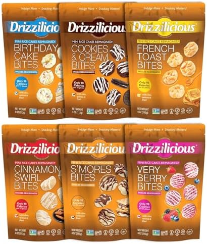 Drizzilicious Mini Flavored Rice Cakes - Rice Crisps, Healthy Snack for Adults and Kids, Vegan, Gluten Free Snack, 90 Calories Per 21 Pieces - Ultimate Variety Pack, 4 oz (Pack of 6)