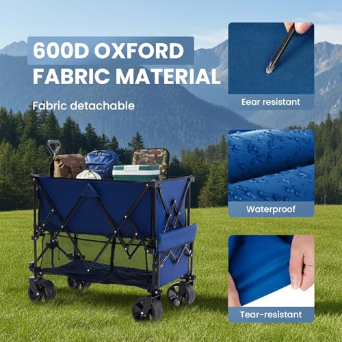 Image of DUMOS 440LBS Heavy Duty Double Decker Wagon Cart with Extender, 400L Large Capacity Collapsible Folding Wagons with Brakes, Adjust Handle, All-Terrain Big Wheels for Garden Shopping Camping - Blue