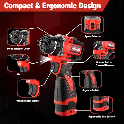 TEENO 18V Taladro Percutor a Batería Sin Escobillas, Kit de Destornillador Electrico, 20+3, Taladro Atornillador Bateria Max 45Nm, Adaptador desplazamiento, Mandril de sujeción rápida, LED - imagen 3
