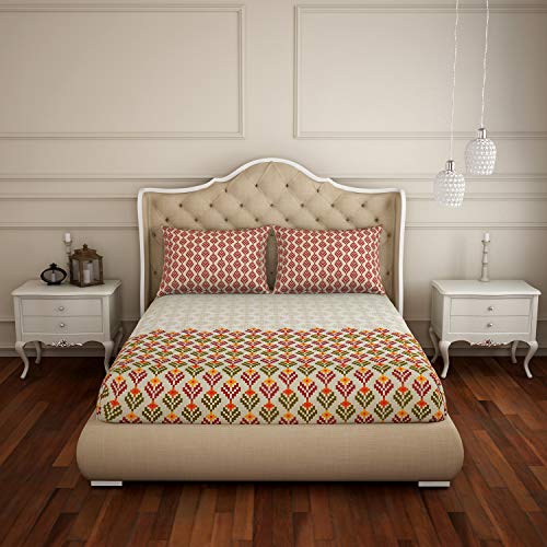 Image of Spaces Atrium Plus 210 TC 100% Cotton Queen Size Fitted Double Bedsheet with 2 Pillow Covers (Floral, 60 inch X 78 inch Inches ) - Maroon