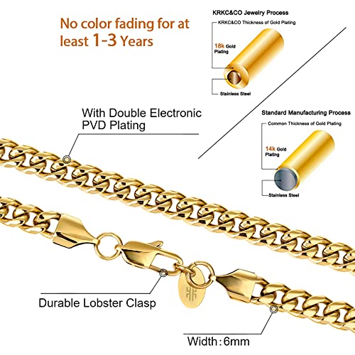 Krkc&Co 4Mm/6Mm Mens Cuban Link Chains, 18K Gold/White Gold Miami Cuban Link Curb Chain, Hip Hop Jewelry, Durable Street-Wear Hip Hop Chains For Men, 18 20 22 24 26 Inches (6Mm-18K Gold, 26) #TOP1