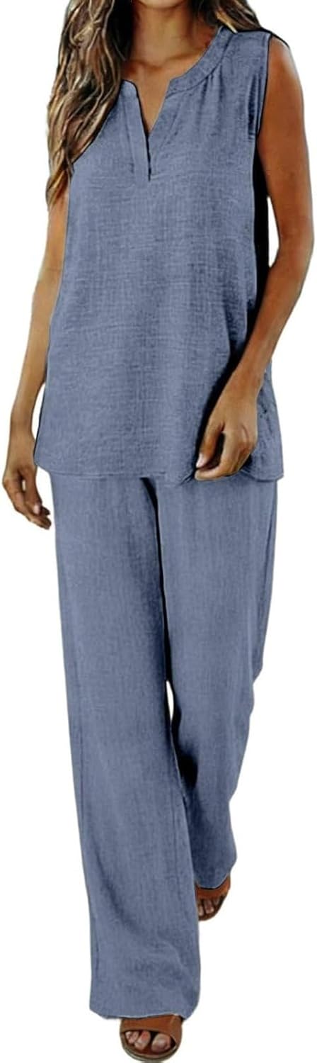 Linen Sets For Women 2 Piece Casual Button Sleeveless Tops with Wide Leg Pants Blouses Summer Vacation Travel Outfit 2026 - Image 2