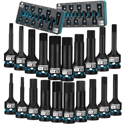 LIBRATON Impact Hex Bit Socket Set 1/2 Dr S2 Steel Metric & SAE 20PCS (H5-H19 & 1/4-3/4) High Torque Sockets for Professional Mechanics & Automotive Repair (XPE Storage Cases)
