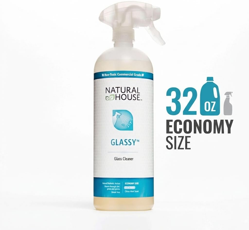 Natural House Glassy - Plant-Based Glass Cleaner Spray - Streak-Free Multi-Surface Formula - Septic-Safe, Plumbing-Friendly - Citrus Mint Scent - 32 oz