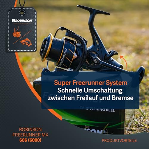 Robinson Angelrolle mit Freilauf - 6 Kugellagern - Verstärktem Getriebe und Rohr-Schnurfangbügel - CNC-Alu-Kurbel -10kg Bremskraft - Freerunner (6000)
