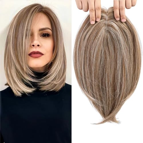 EMMOR 14 Inch Light Brown & Ash Blonde Hair Toppers for Women Synthetic Hair Toppers Hair Pieces Swiss Base with 3 Clips in Wiglets Toppers for Women with Thinning Hair Grey Hair Hair Loss