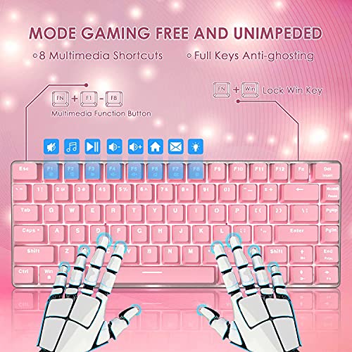 Felicon Pink Mechaincal Gaming Keyboard And Mouse Pad Combo Blue Switches Usb Wired White Backlit Compact 82 Keys Anti-Ghosting,Compatible With Windows Pc Laptop Mac Game Office #TOP3