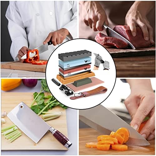 Professional Knife Sharpeners kit  400/1000 3000/8000 Grit Whetstone Knife Sharpener Set with Non-Slip Rubber Base, Angle Guide, Flattening, Leather Strop and Cut Resistant Gloves