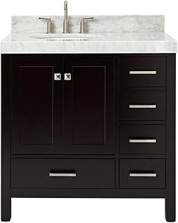 DKB Beckford Bathroom Vanity 36" Espresso with 2" Edge Italian Carrara Marble Countertop & Backsplash, Left Oval Sink, 2 Soft Closing Doors, 5 Full Extension Dovetail Drawers, Brushed Nickel