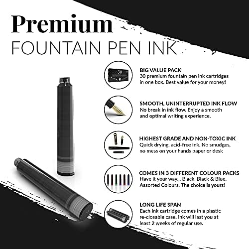 Wordsworth & Black Fountain Pen Ink Refills - SET OF 30 BLACK Ink Cartridges - International Standard Size - Length Appr 5.2 cm - Base Diameter Appr 0.6 cm - Disposable and Generic