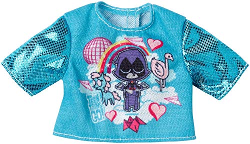 Barbie Clothes: Teen Titans Go! Character Top Dolls, Blue Top with Metallic Sleeves and Raven Graphic, Gift for 3 to 7 Year Olds