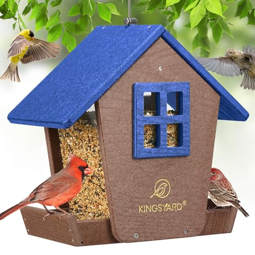 Kingsyard 4 lbs Large Bird Feeder House for Outdoors Hanging, Recycled Plastic Bird Feeder Hopper with Weatherproof Roof & Capacity Tray for Cardinal Bluebird, Garden Yard Outside Decor, Blue