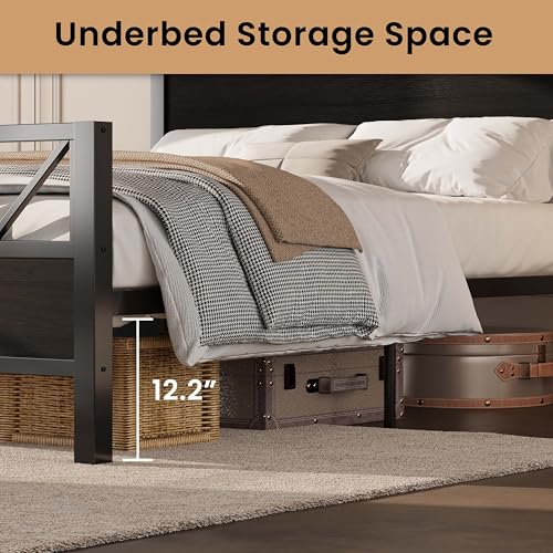 Image of LIKIMIO Queen Bed Frame, Tall Industrial Headboard 51.2 inch, Platform Bed Frame with Strong Metal Support, Solid and Stable, Noise Free, No Box Spring Needed, Easy Assembly, Black