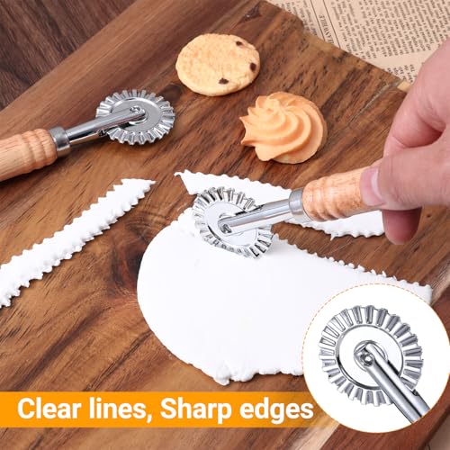 JIYIN 2 Pcs Pastry Wheel Cutter, Pastry and Pasta Cutter Wheel, Ravioli Pizza Cutter Wheels with Long Wooden Handle Dumpling Lace Making Noodle Dough Ruffled Edge Cookies Pie Cutting Tool